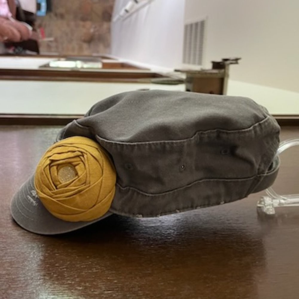 Women's Military Style Flower Hat Gray and Mustard Yellow OS